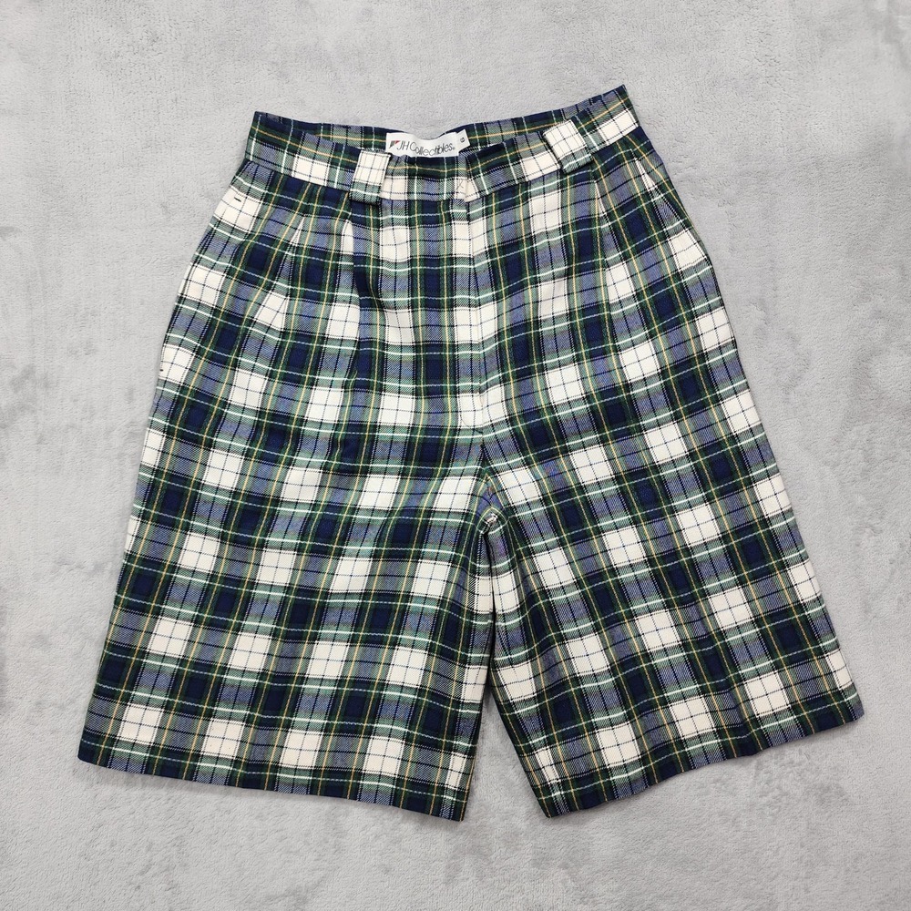 Vintage JH Collectibles Shorts Womens 8 Blue Green Plaid Bermuda Pleated Rayon
